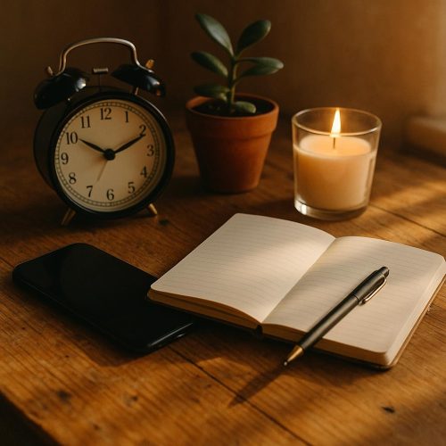 Digital Detox Stillleben mit ausgeschaltetem Smartphone, analogem Wecker und Notizbuch auf einem Holztisch