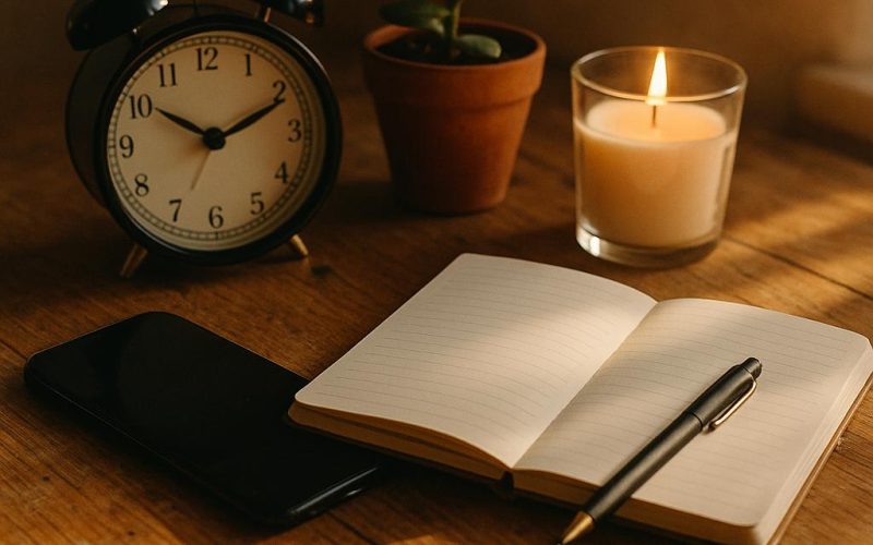 Digital Detox Stillleben mit ausgeschaltetem Smartphone, analogem Wecker und Notizbuch auf einem Holztisch