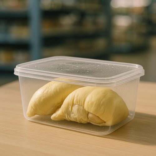 Zwei Durian-Stücke in transparenter, versiegelter Box auf Holztisch – gefrorenes Durian-Fruchtfleisch, geruchsstark und cremig, gekauft im Asia-Supermarkt