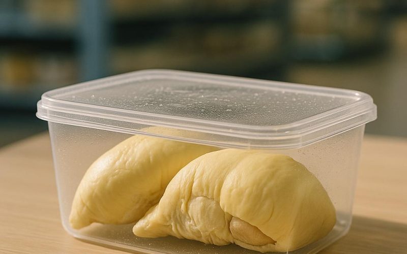 Zwei Durian-Stücke in transparenter, versiegelter Box auf Holztisch – gefrorenes Durian-Fruchtfleisch, geruchsstark und cremig, gekauft im Asia-Supermarkt