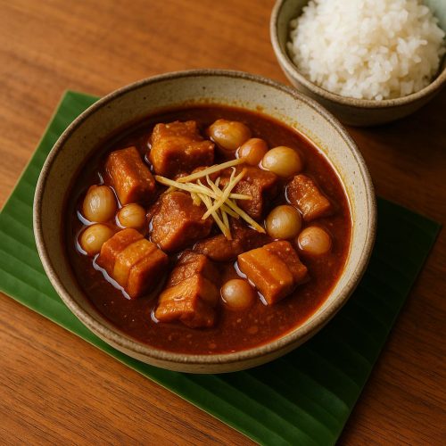 Gaeng Hang Lay in rustikaler Schale – nordthailändisches Schweinebauch-Curry ohne Kokosmilch mit Tamarinde, Ingwer und Knoblauch, serviert mit Reis