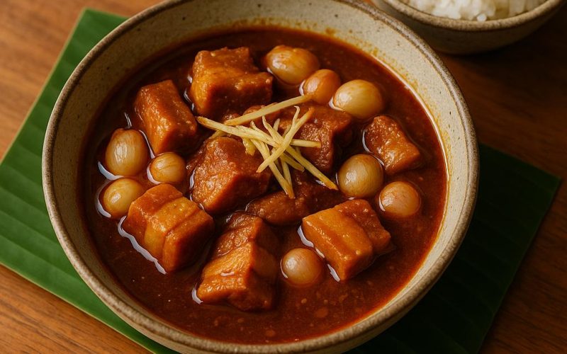 Gaeng Hang Lay in rustikaler Schale – nordthailändisches Schweinebauch-Curry ohne Kokosmilch mit Tamarinde, Ingwer und Knoblauch, serviert mit Reis