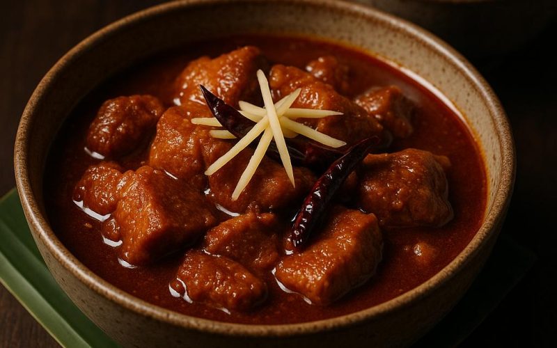 Gaeng Hang Lay Rezeptfoto: nordthailändisches Schweinecurry mit Tamarinde, Ingwer und zart geschmortem Schweinefleisch, serviert mit Jasminreis