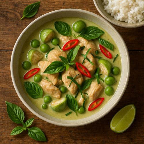 Schüssel mit grünem Thai‑Curry (Gaeng Keow Wan Gai): Huhn, Thai‑Auberginen, Thai‑Basilikum und rote Chili in cremiger Kokos‑Soße, daneben Jasminreis auf rustikalem Holztisch