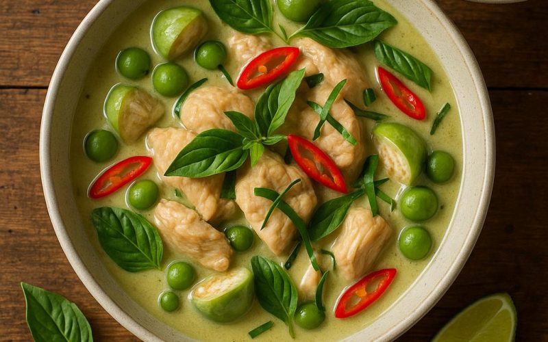 Schüssel mit grünem Thai‑Curry (Gaeng Keow Wan Gai): Huhn, Thai‑Auberginen, Thai‑Basilikum und rote Chili in cremiger Kokos‑Soße, daneben Jasminreis auf rustikalem Holztisch