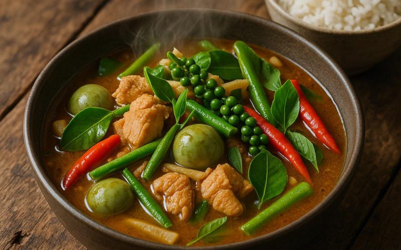 Schüssel Gaeng Pa, das thailändische Jungle Curry ohne Kokosmilch, mit Hähnchen, Thai-Auberginen, Bambus, grünen Bohnen und grünen Pfefferkörnern, serviert mit Jasminreis