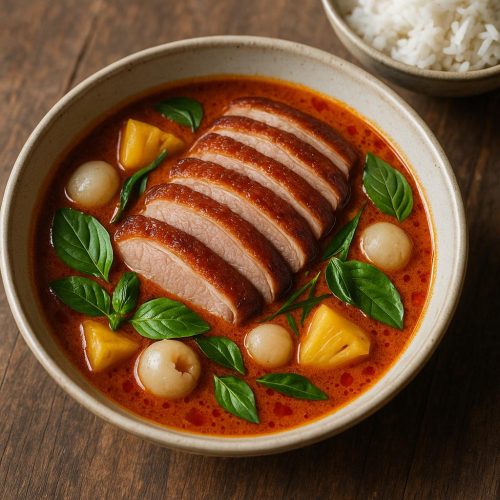 Rotes Thai‑Curry mit knuspriger Ente, Ananas und Lychees – authentisches Gaeng Phed Ped Yang Rezept Schritt für Schritt