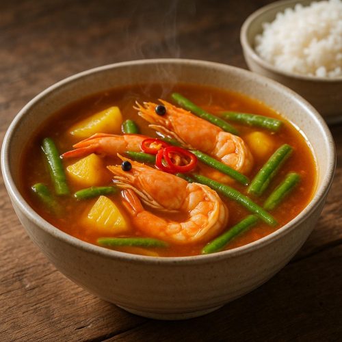 Schüssel mit leuchtend orangem Gaeng Som Goong, Garnelen, Ananas und grünen Bohnen – thailändisches Sauer‑Curry ohne Kokosmilch