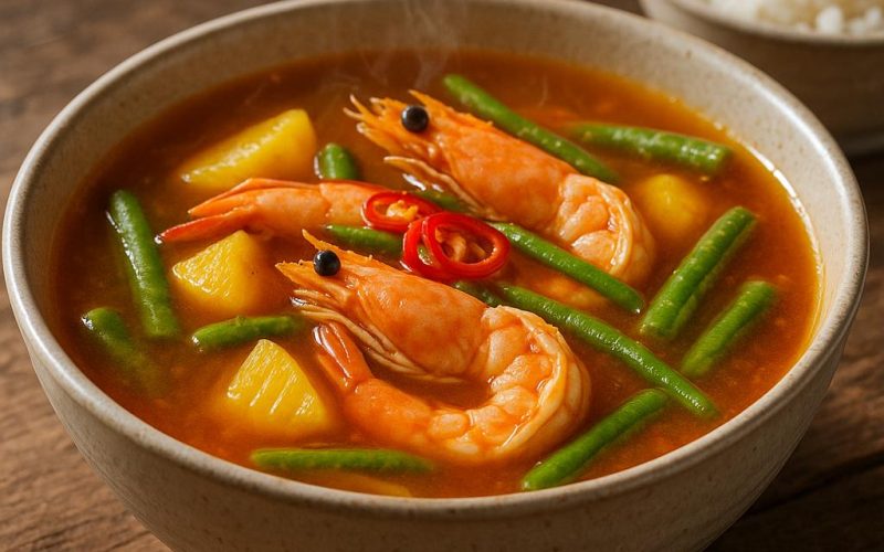 Schüssel mit leuchtend orangem Gaeng Som Goong, Garnelen, Ananas und grünen Bohnen – thailändisches Sauer‑Curry ohne Kokosmilch