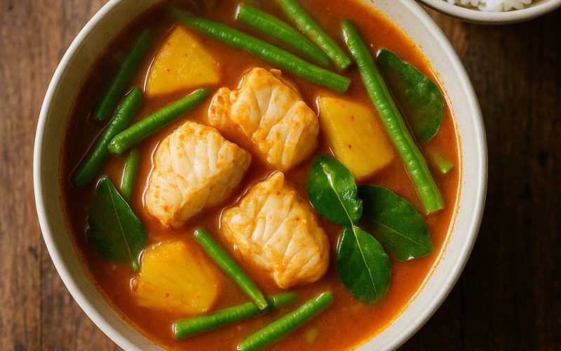 Leuchtend-oranges Gaeng Som mit zarten Fischstücken und Ananas in einer Schale, daneben Jasminreis – thailändisches Tamarinden-Curry ohne Kokosmilch.