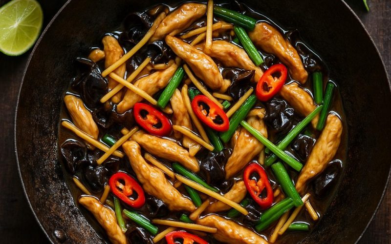 Gai Pad King, thailändisches Ingwer‑Hähnchen im Wok mit Mu‑Err‑Pilzen, Paprika und Frühlingszwiebeln, serviert mit Jasminreis – authentisches Thai‑Rezept