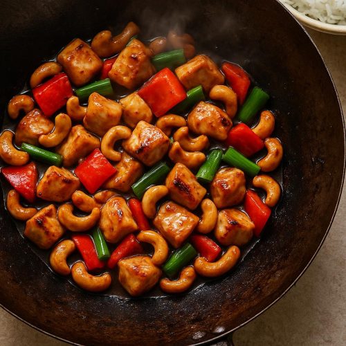 Thai Hähnchen mit Cashewkernen (Gai Pad Med Mamuang) im Wok – glänzende Sauce, rote Paprika, Frühlingszwiebeln und geröstete Cashews, serviert mit Jasminreis, authentisches Thai-Rezept