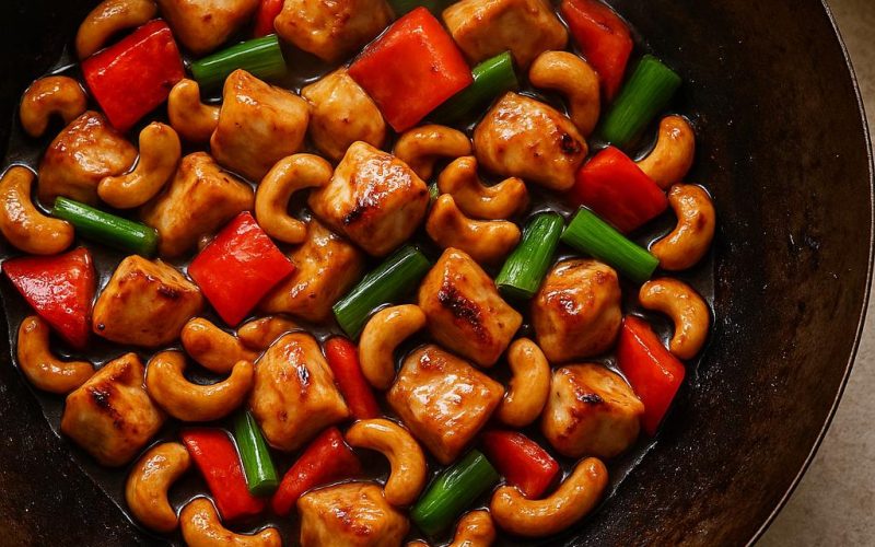 Thai Hähnchen mit Cashewkernen (Gai Pad Med Mamuang) im Wok – glänzende Sauce, rote Paprika, Frühlingszwiebeln und geröstete Cashews, serviert mit Jasminreis, authentisches Thai-Rezept