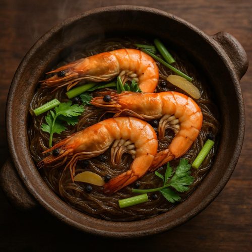 Goong Ob Woonsen im Tontopf mit Garnelen und Glasnudeln, gewürzt mit Ingwer, Pfeffer und Sellerie – authentisches Thai-Rezept