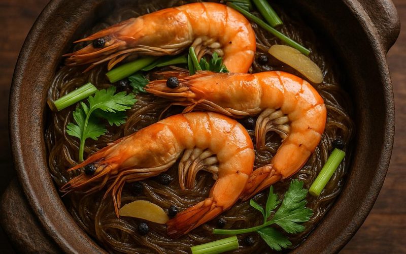 Goong Ob Woonsen im Tontopf mit Garnelen und Glasnudeln, gewürzt mit Ingwer, Pfeffer und Sellerie – authentisches Thai-Rezept