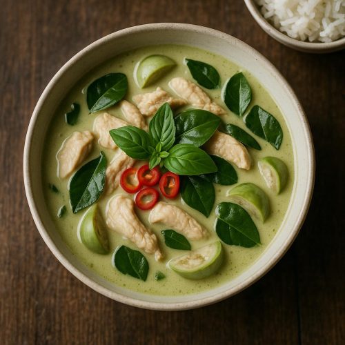 Grünes Thai‑Curry mit Hähnchen, Thai‑Auberginen und frischem Basilikum in einer Schüssel, serviert mit Jasminreis – authentisches Gaeng Keow Wan Rezept