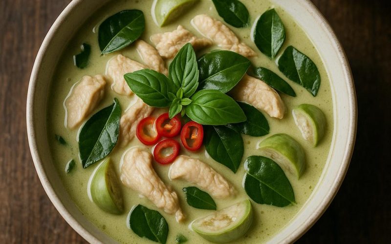 Grünes Thai‑Curry mit Hähnchen, Thai‑Auberginen und frischem Basilikum in einer Schüssel, serviert mit Jasminreis – authentisches Gaeng Keow Wan Rezept