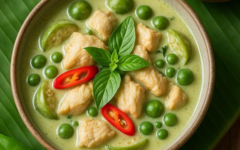 Schüssel mit grünem Thai‑Curry (Gaeng Keow Wan) mit Hähnchen, Thai‑Auberginen, roten Chilistreifen und frischem Thai‑Basilikum, serviert mit Jasminreis