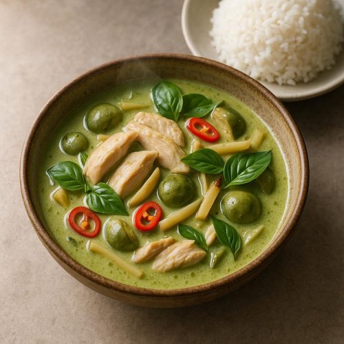 Grünes Thai‑Curry mit Huhn, Thai‑Basilikum und Jasminreis – einfaches authentisches Rezept