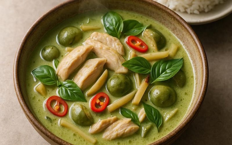 Grünes Thai‑Curry mit Huhn, Thai‑Basilikum und Jasminreis – einfaches authentisches Rezept