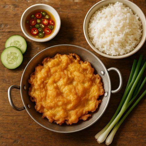 Goldbraunes, fluffiges Kai Jeow – thailändisches Omelett mit knusprigen Rändern, serviert mit Jasminreis, Chili-Dip und Gurke – authentisches Thai-Rezept