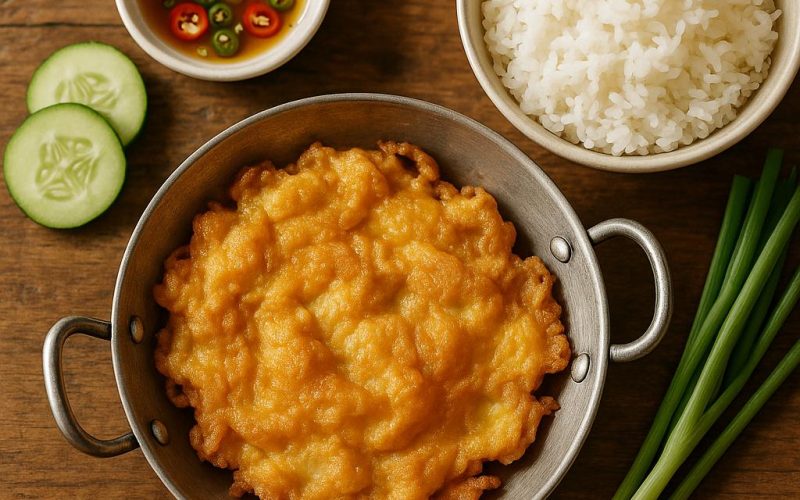 Goldbraunes, fluffiges Kai Jeow – thailändisches Omelett mit knusprigen Rändern, serviert mit Jasminreis, Chili-Dip und Gurke – authentisches Thai-Rezept