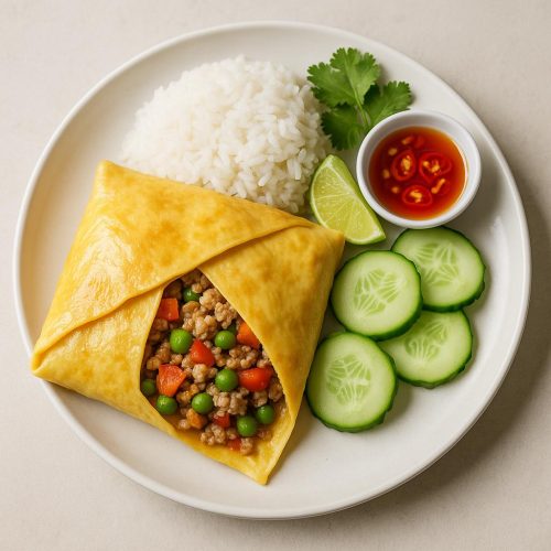 Gefülltes Thai‑Omelett Khai Yat Sai auf weißem Teller mit Jasminreis, Gurke, Koriander und Limette – authentisches thailändisches Rezept