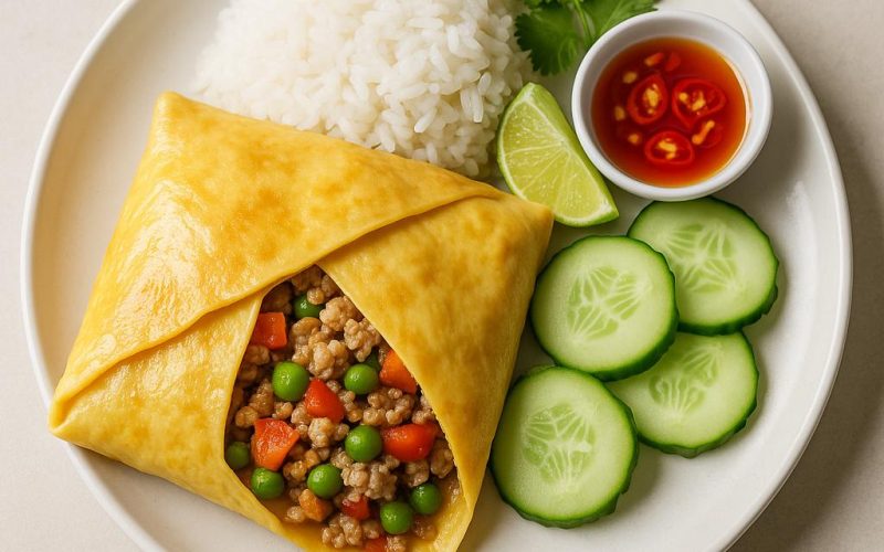 Gefülltes Thai‑Omelett Khai Yat Sai auf weißem Teller mit Jasminreis, Gurke, Koriander und Limette – authentisches thailändisches Rezept