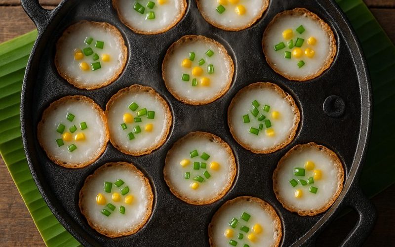 Khanom Krok – thailändische Kokos‑Reispfannküchlein mit knusprigem Rand und cremiger Kokosfüllung auf Bananenblatt, authentisches Thai Streetfood Rezept