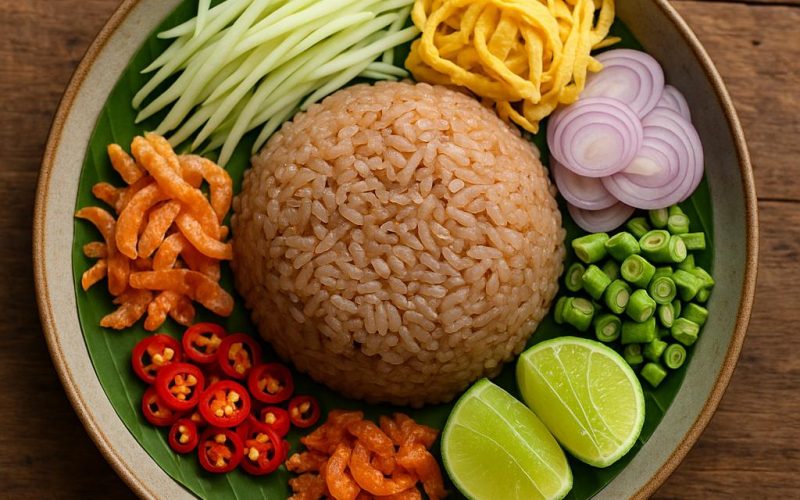 Khao Kluk Kapi: thailändischer Reis mit Garnelenpaste, umgeben von grüner Mango, Omelettstreifen, Bohnen, Schalotten, Chili und Limette auf Bananenblatt