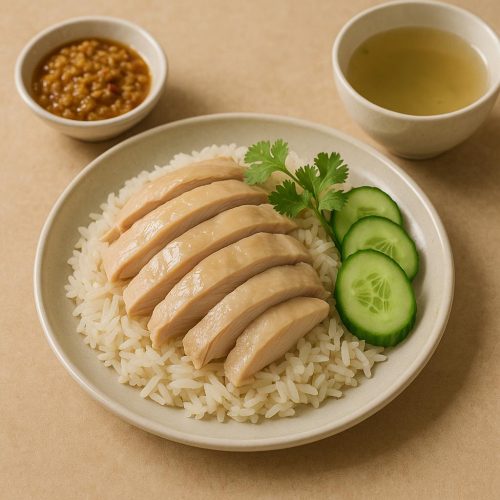 Khao Man Gai: zartes Hähnchen auf Jasminreis mit Ingwer‑Knoblauch‑Dip, Gurken und Brühe – authentisches Thai‑Rezept