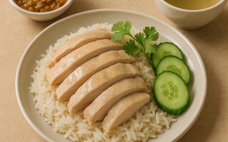 Khao Man Gai: zartes Hähnchen auf Jasminreis mit Ingwer‑Knoblauch‑Dip, Gurken und Brühe – authentisches Thai‑Rezept