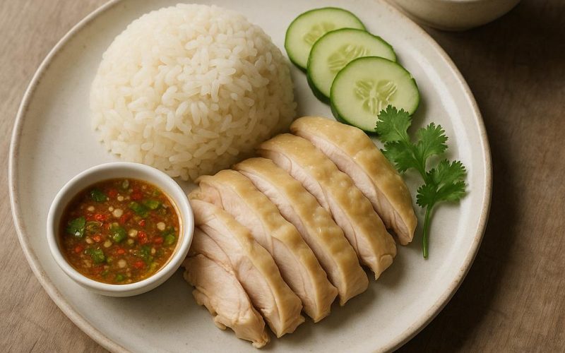 Khao Man Gai auf Teller: duftender Jasminreis, zartes Hähnchen, Ingwer-Limetten-Dip und Gurkenscheiben – authentisches Thai-Rezept