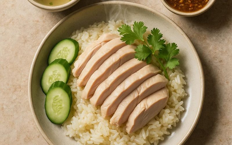 Serviervorschlag Khao Man Gai: zartes Hähnchen auf Ingwer-Jasminreis mit Gurke, Koriander, Nam-Jim-Sauce und klarer Brühe – authentisches Thai-Rezept
