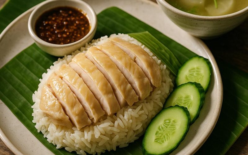 Khao Man Gai Rezept – zartes Hühnerfleisch auf Jasminreis mit Ingwer-Knoblauch-Sauce, Gurke und klarer Brühe; authentische thailändische Küche für zuhause