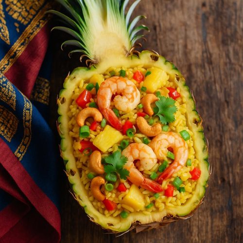 Thailändischer Ananas‑Gebratener Reis (Khao Pad Sapparod) im Ananasschiffchen mit Garnelen, Cashews, Paprika und frischen Kräutern