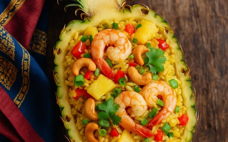 Thailändischer Ananas‑Gebratener Reis (Khao Pad Sapparod) im Ananasschiffchen mit Garnelen, Cashews, Paprika und frischen Kräutern