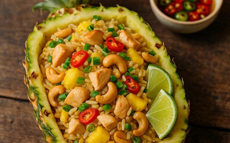 Thai Ananas‑Bratreis (Khao Pad Sapparot) im Ananasschiffchen mit Cashews, Frühlingszwiebeln, Chili und Limetten – authentisches Rezept