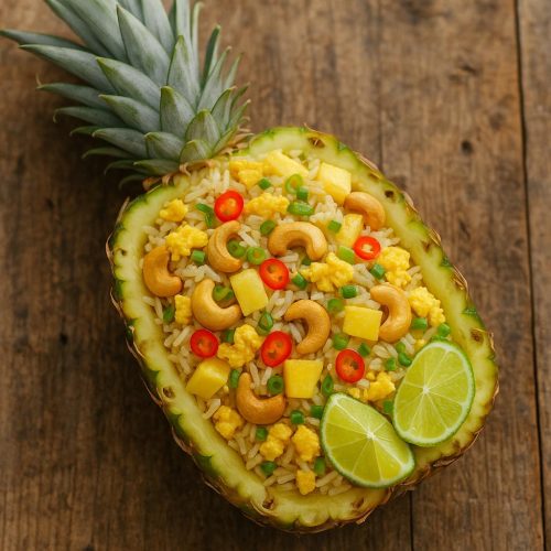 Thailändischer Ananas-Fried Rice (Khao Pad Sapparot) im Ananasboot mit Ei, Cashews, Ananaswürfeln, Chili und Frühlingszwiebeln – authentisches Thai-Rezept
