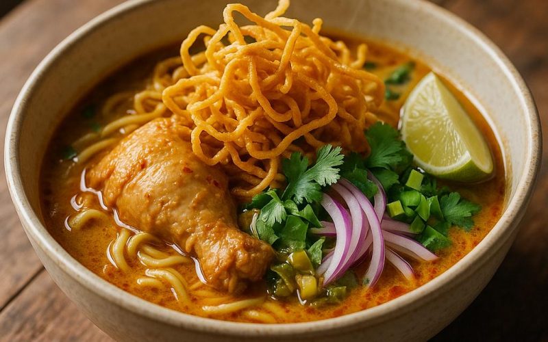 Authentische Khao Soi Gai in goldener Kokosbrühe mit knusprigen Eiernudeln, Senfkohl, roten Zwiebeln und Limette – nordthailändische Curry-Nudelsuppe Rezept