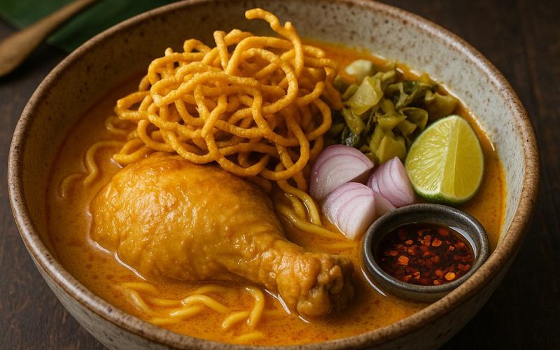 Schale Khao Soi Gai mit goldener Kokos‑Curry‑Brühe, Hähnchenkeule, weichen und knusprigen Eiernudeln, Senfkohl, Schalotten und Limette – authentisches Rezept aus Chiang Mai