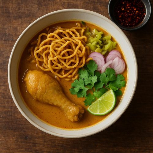 Authentische Khao Soi Gai in Schüssel mit cremiger Kokosbrühe, knusprigen Eiernudeln, eingelegtem Senfkraut, Schalotten und Limette – Thai‑Rezept aus Chiang Mai