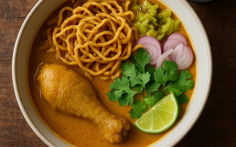 Authentische Khao Soi Gai in Schüssel mit cremiger Kokosbrühe, knusprigen Eiernudeln, eingelegtem Senfkraut, Schalotten und Limette – Thai‑Rezept aus Chiang Mai