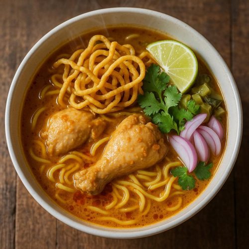 Schüssel Khao Soi Gai mit knusprigen Eiernudeln, eingelegtem Senfkohl, Schalotten und Limette – authentische Thai Curry‑Nudelsuppe