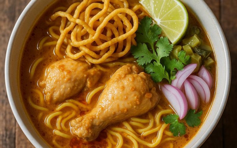 Schüssel Khao Soi Gai mit knusprigen Eiernudeln, eingelegtem Senfkohl, Schalotten und Limette – authentische Thai Curry‑Nudelsuppe