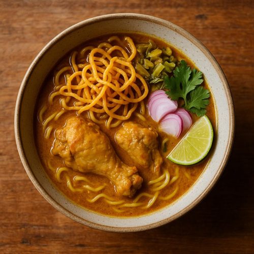 Khao Soi Rezept: nordthailändische Kokos‑Curry‑Nudelsuppe mit Huhn, knusprigen Eiernudeln, Schalotten und Limette in einer Schale