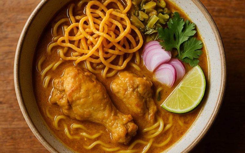 Khao Soi Rezept: nordthailändische Kokos‑Curry‑Nudelsuppe mit Huhn, knusprigen Eiernudeln, Schalotten und Limette in einer Schale