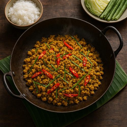 Kua Kling Moo – gelb gewürztes Schweinehack mit Chili und Kaffir‑Limettenblättern im Wok, serviert mit Jasminreis und Gemüse, authentisches Thai‑Rezept