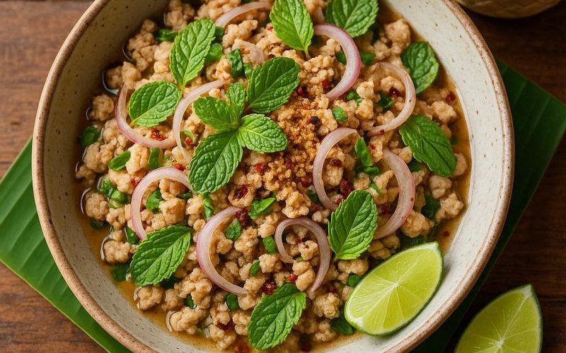 Larb Gai Rezept: thailändischer Hähnchensalat mit Minze, Schalotten, Limette und geröstetem Reis (Khao Khua), serviert mit Klebreis