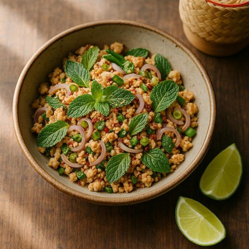 Larb Gai Rezept: Thai Hähnchensalat mit Limettensaft, Fischsauce, Minze, Schalotten und geröstetem Reispulver – serviert mit Klebreis